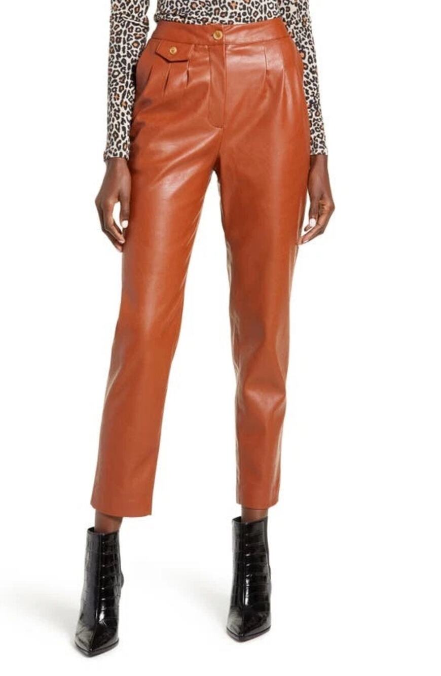 Blank NYC Off the Grid Cognac Brown Vegan Faux Leather Pleated Straight Pants